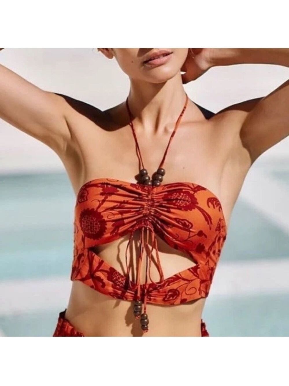 Anthropologie Orange Floral Ruched Halter Tube Top NWT Beaded Cutout Size Medium